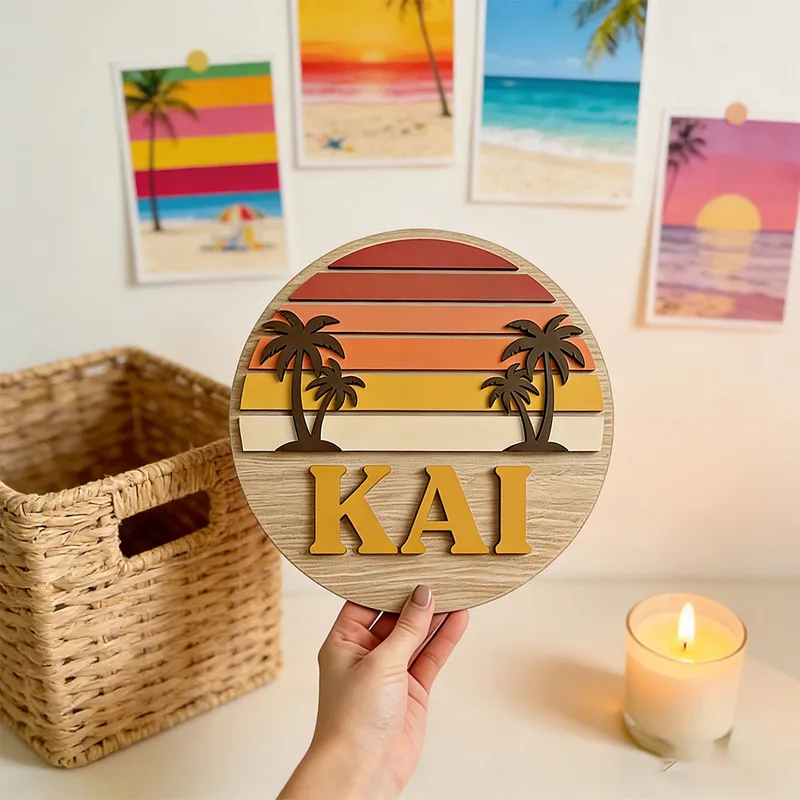 Home Bar Signs - Kişiselleştirilebilir Yuvarlak Vintage Plaj Gün Batımı